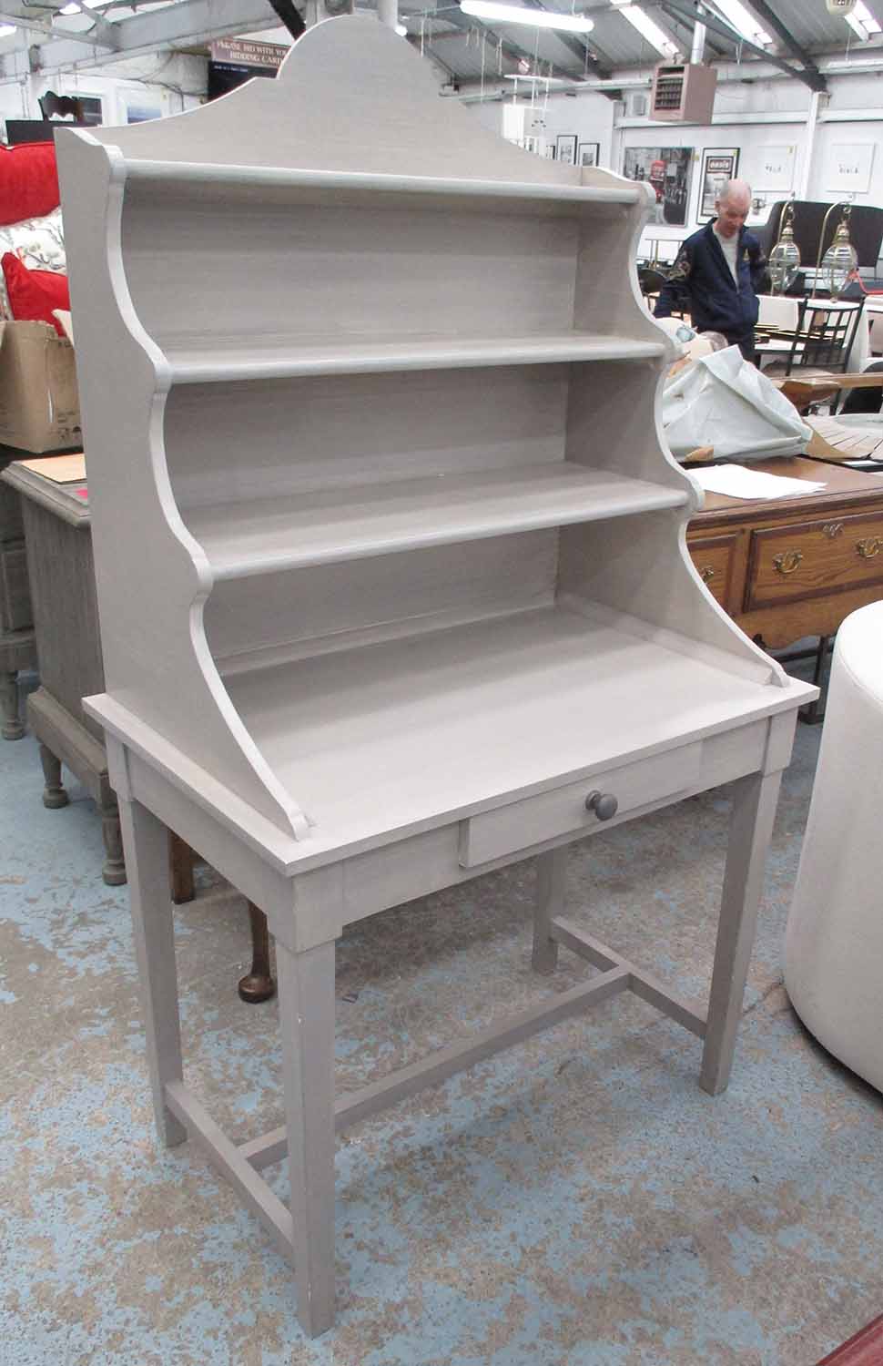 OKA DESK, with waterfall bookcase above with three shelves drawer below on square supports,