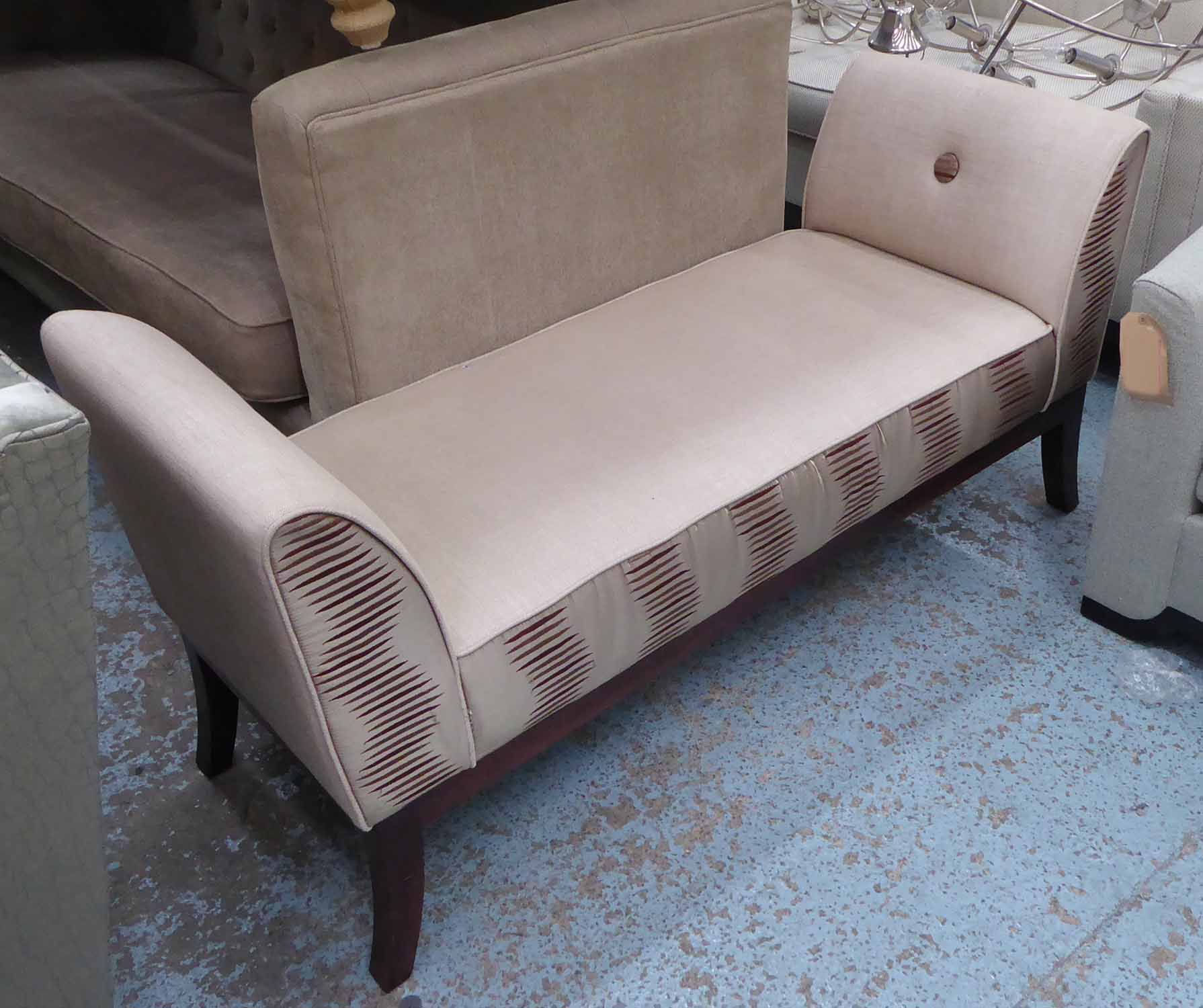 BENCH, upholstered oatmeal with patterned sides, 145cm x 70cm H x 53cm.