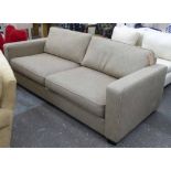 SOFA, large square form in cotton upholstery on short block feet, 225cm L x 97cm W x 82cm H.