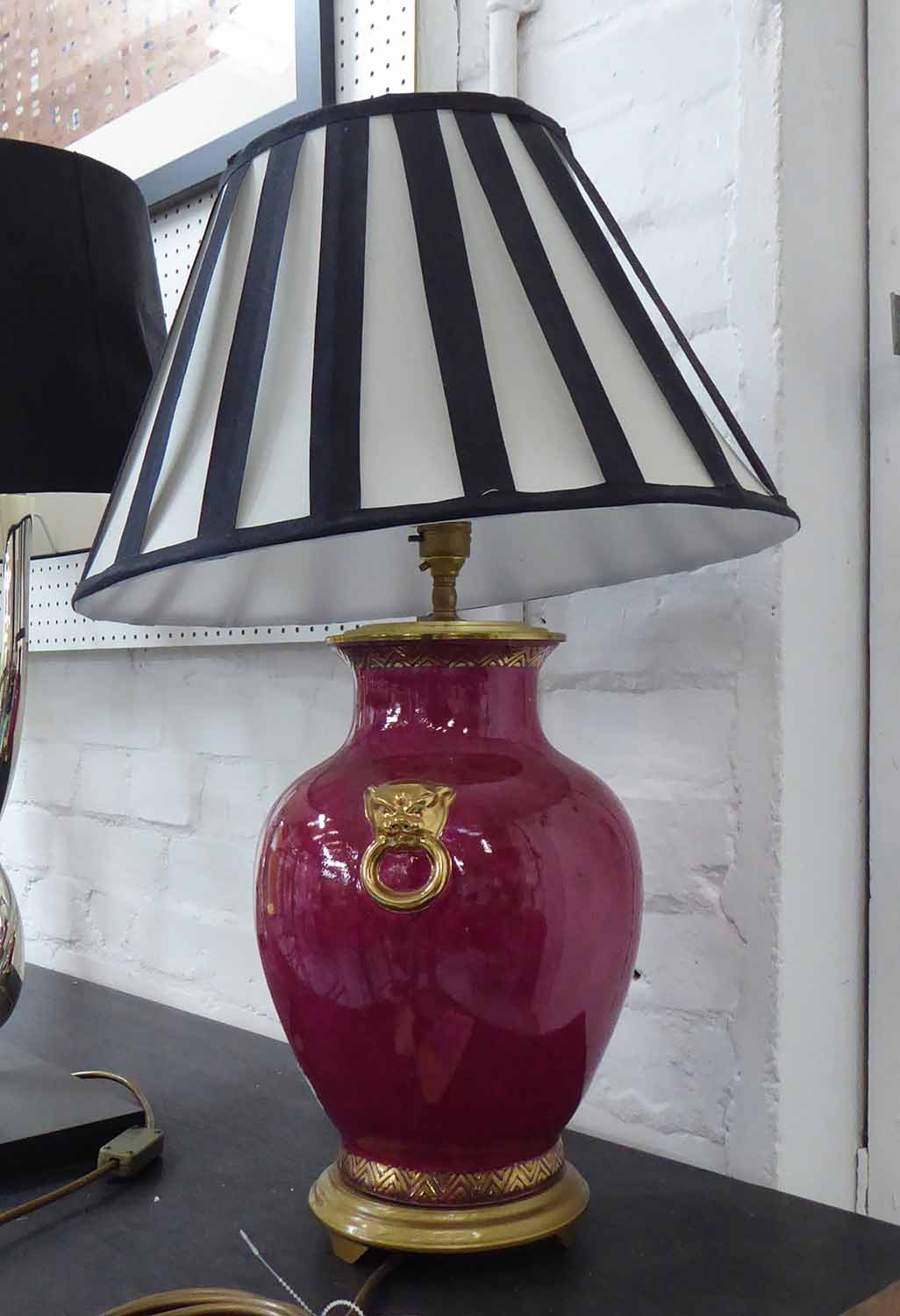 TABLE LAMP, Chinese export style oxblood glaze with pleated shade, 65cm H.