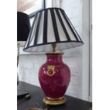 TABLE LAMP, Chinese export style oxblood glaze with pleated shade, 65cm H.