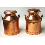 COPPER MILK CHURNS, a pair, of lidded copper 1/2 milk churns each with handles stamped 'Trowbridge',