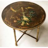 LOW TABLE, circular glazed and gilt metal framed painted panel and four supports, 46cm H x 56cm.