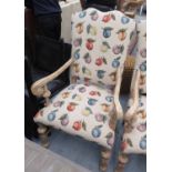 ARMCHAIRS, a pair, in a fruit upholstery on turned supports, 66cm W.