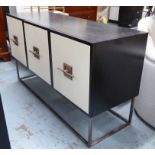 SIDE CABINET, black with three large white drawers, 150cm W x 50cm D x 81cm H.