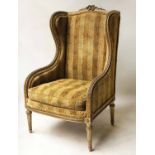 BERGERE, early 20th century French Louis XVI design painted and parcel gilt with striped upholstery.