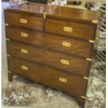 MILITARY CHEST, 19th century mahogany and brass bound of two short and three long drawers,