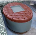 JUSTIN VAN BREDA OTTOMAN, with lift up storage, buttoned leather top with central tray, 95cm W.