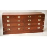 CHEST, campaign style yewwood and brass bound with nine drawers, 150cm x 43cm D x 71cm H.