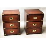 BEDSIDE CHESTS, a pair, campaign style yew wood and brass bound each with three drawers,