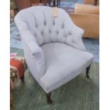 TUB CHAIR, buttoned newly upholstered in ticking on turned tapering supports, 70cm x 81cm H.