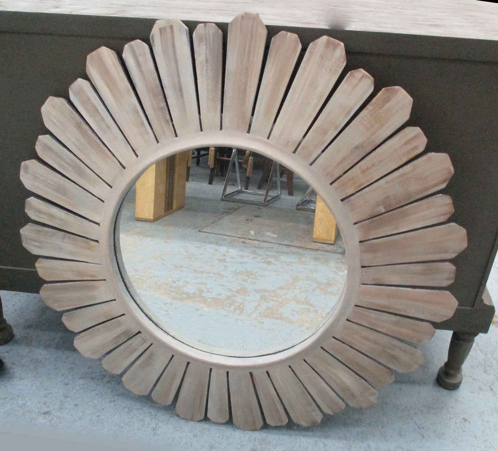 OKA ARCADIA MIRROR, circular with wooden leaf surround, 88cm diam.