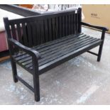 GARDEN BENCH, black, 150cm x 93cm H x 63cm and a sun lounger, black painted brass fittings.