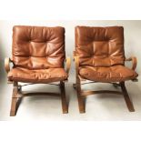 ARMCHAIRS, a pair, 1970's Siesta armchairs, bentwood and buttoned brown leather.