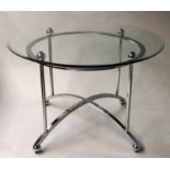 DINING TABLE, circular glass on chrome base united by X frame stretcher, 77cm H x 114cm D.