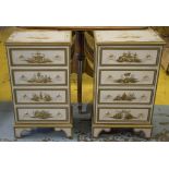 BEDSIDE CHESTS, a pair, Georgian style cream and gilt Chinoiserie decorated, each with four drawers,