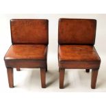 COCKTAIL CHAIRS, a pair, piped hand finished leaf brown leather with square section supports,