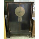 MARRIAGE CABINET, Chinese black lacquer with two doors enclosing shelves and two drawers,