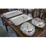 TRAYS, two silver plated largest by Webster Wilcox 40cm x 53cm, pair of entree dishes,