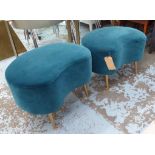 STOOLS, a pair, blue velvet by Plant Collections, kidney shaped, 65cm x 44cm H.