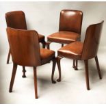 ART DECO SIDE CHAIRS, a set of four walnut tan leather piped upholstery and rounded backs.