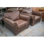 ARMCHAIRS, a pair, worn brown leather with back and seat cushions, 108cm W.