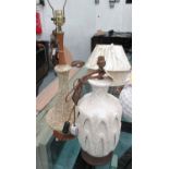 TABLE LAMP, in a mottled beige glaze on a wooden base, 85cm H,