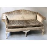 SOFA, 18th century style hump back with two tone putty printed silk velvet upholstery, scroll arms,