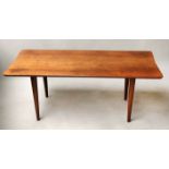 LOW TABLE, 1970's teak, rectangular with capped circular tapering supports,