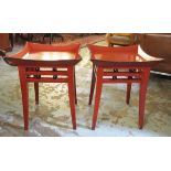 CHINESE TRAY TOP OCCASIONAL TABLES, a pair, red and black lacquered on splayed supports,