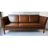 SOFA, 1970's Danish three seater mid brown grained leather, 205cm W.