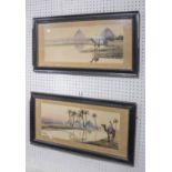 ORIENTALIST SCHOOL 'Figures and Camels before the Great Pyramids', watercolour, 20cm x 47cm (2).