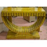 CONSOLE TABLE, burr veneered with two drawers on 'U' shaped support, 83cm H x 116cm W x 40cm D.