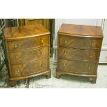 BOWFRONT BEDSIDE CHESTS, a pair, Georgian style mahogany of three drawers, 71cm H x 57cm x 37cm.