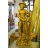 CARVED FIGURE, Chinese hardwood modelled as a fisherman, 99cm H x 42cm.