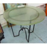 CENTRE TABLE, iron base, tempered glass top, 68cm H x 100cm diam.