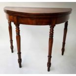 TEA TABLE, 19th century Regency flame mahogany, demi lune foldover,