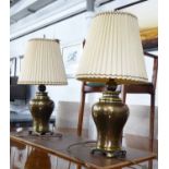TABLE LAMPS, a pair, urn shaped with pleated shades, 82cm H.