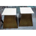 SIDE TABLES, a pair, high gloss top on angled bronze base, 50cm x 50cm x 50cm H.