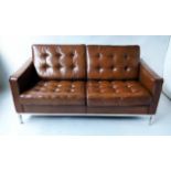 SOFA, 1970's style mid brown deep button leather two seater with chromed metal supports, 160cm W.