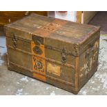 TRAVELLING TRUNK, early 20th century painted canvas, ash, brass and leather bound,