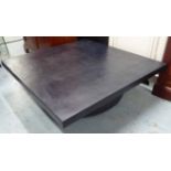 LOW TABLE, dark wood, square top on a circular base, 110cm W x 110cm D x 37cm H.