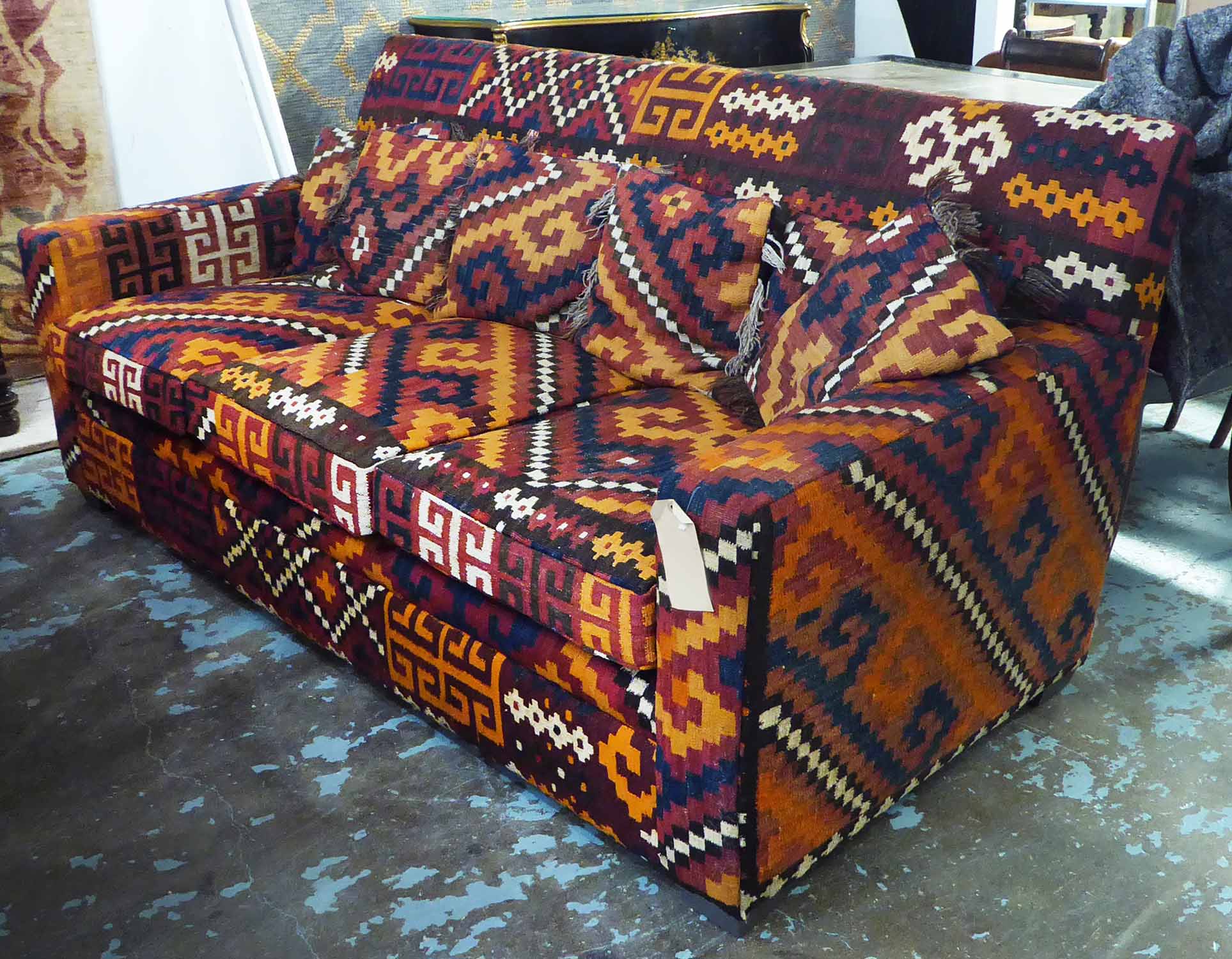 GEORGE SMITH SOFA, Kilim finish with kilim scatter cushions, 205cm W.