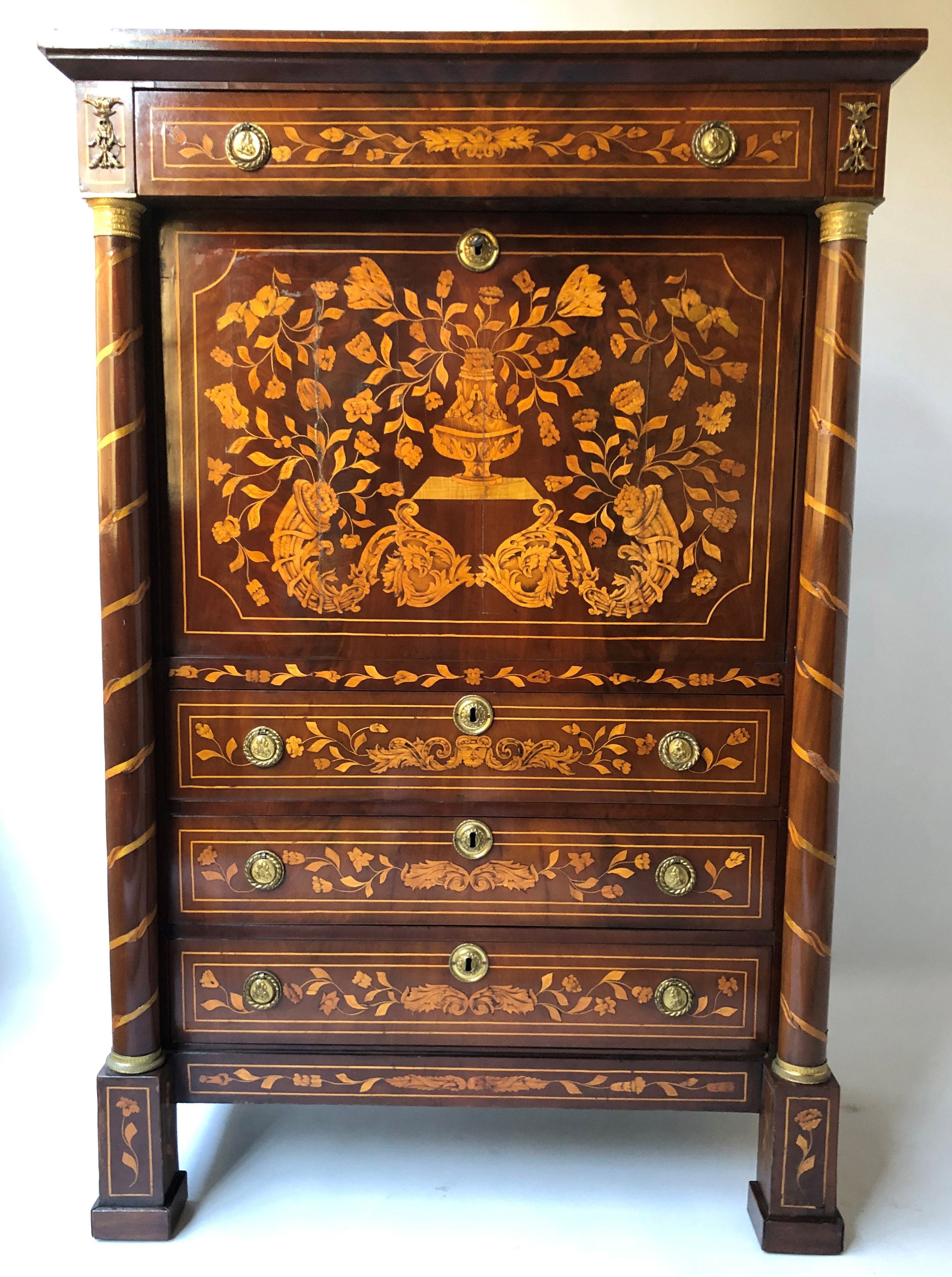 SECRETAIRE A ABATTANT, 19th century Dutch mahogany and satinwood floral marquetry with fall front,