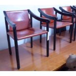 DINING CHAIRS, a set of four, 20th century French, later slung leather seats, ebonised frames,