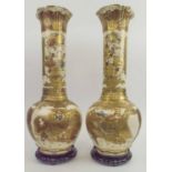 LARGE SATSUMA VASES, pair, 19th century, bulbous form with tall cylindrical necks,