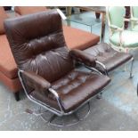BRUNO MATHSSON LOUNGE CHAIR, for Dux Sweden brown leather along with a matching footstool, 70cm W.