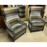 WINGBACK ARMCHAIRS, a pair, bespoke made, chevron Missoni style upholstery with grey leather trim,