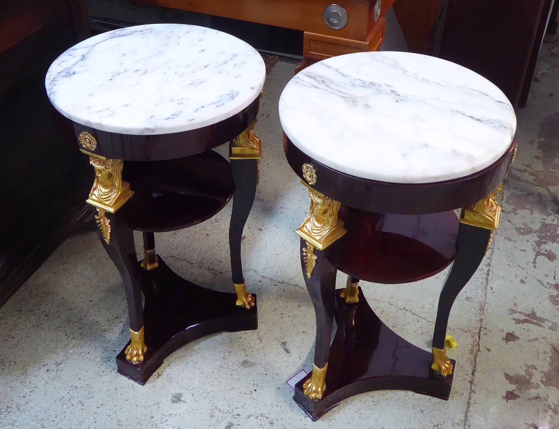 JARDINIERE STANDS, a pair, French Empire style mahogany and brass mounted with circular,