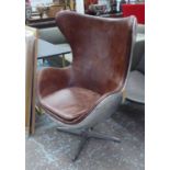 EGG CHAIR, Aviator style, with studded detail and aluminium and brown leather upholstery,